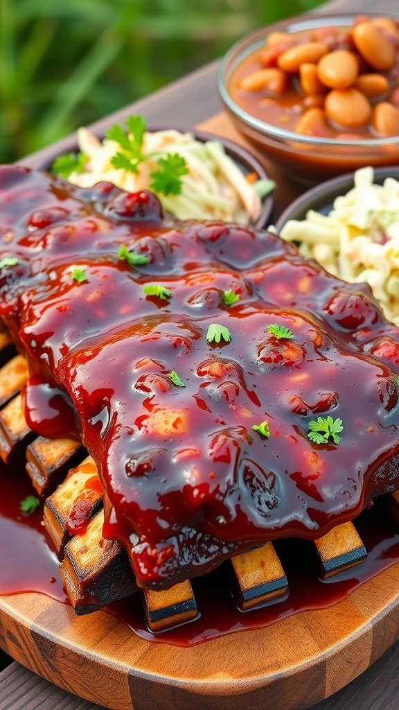 Sticky BBQ pork ribs on a plate with barbecue sauce, garnished with parsley, served with coleslaw and baked beans.